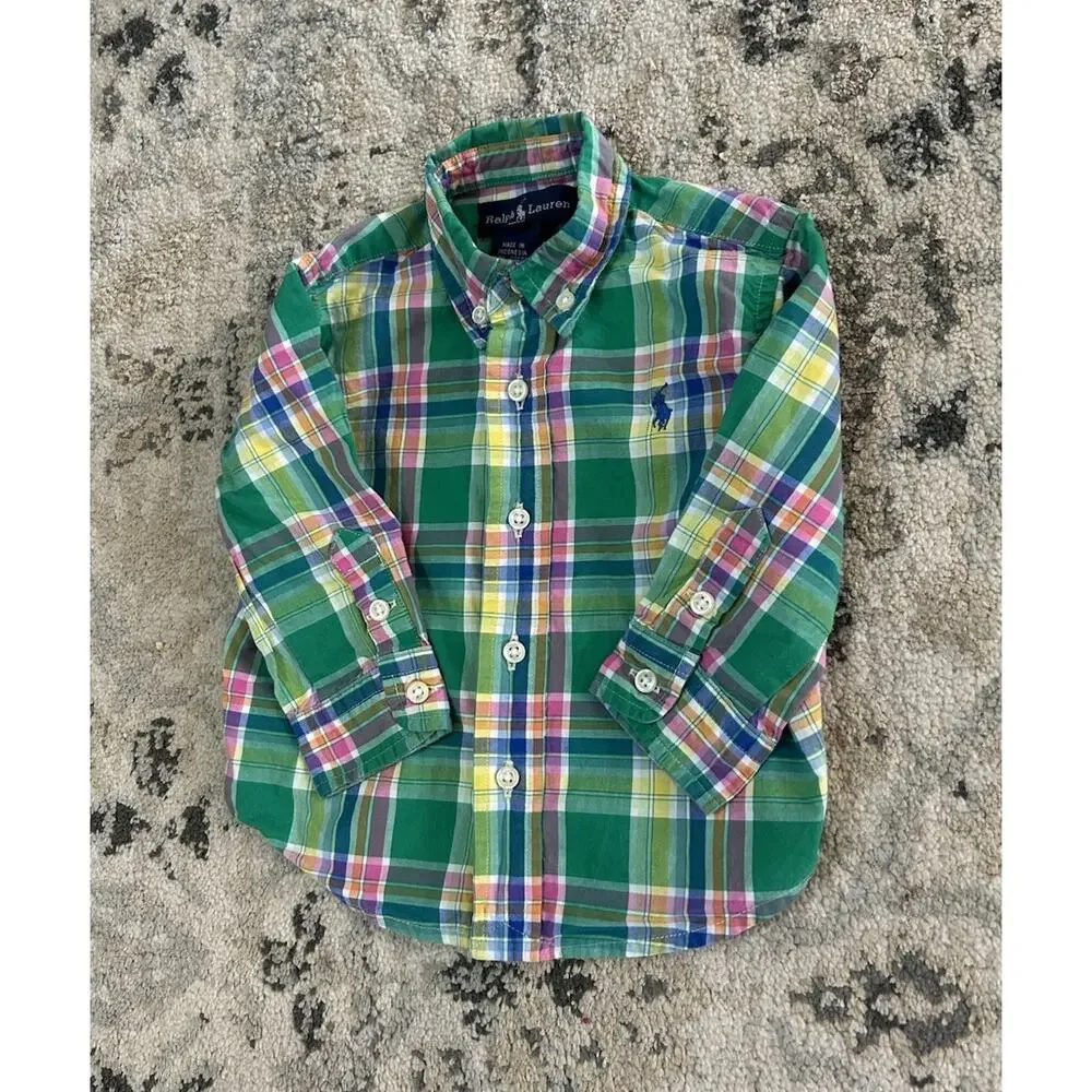 Ralph Lauren Baby Boy 12 Month Cotton Long Sleeve Button Up Shirt Green Plaid